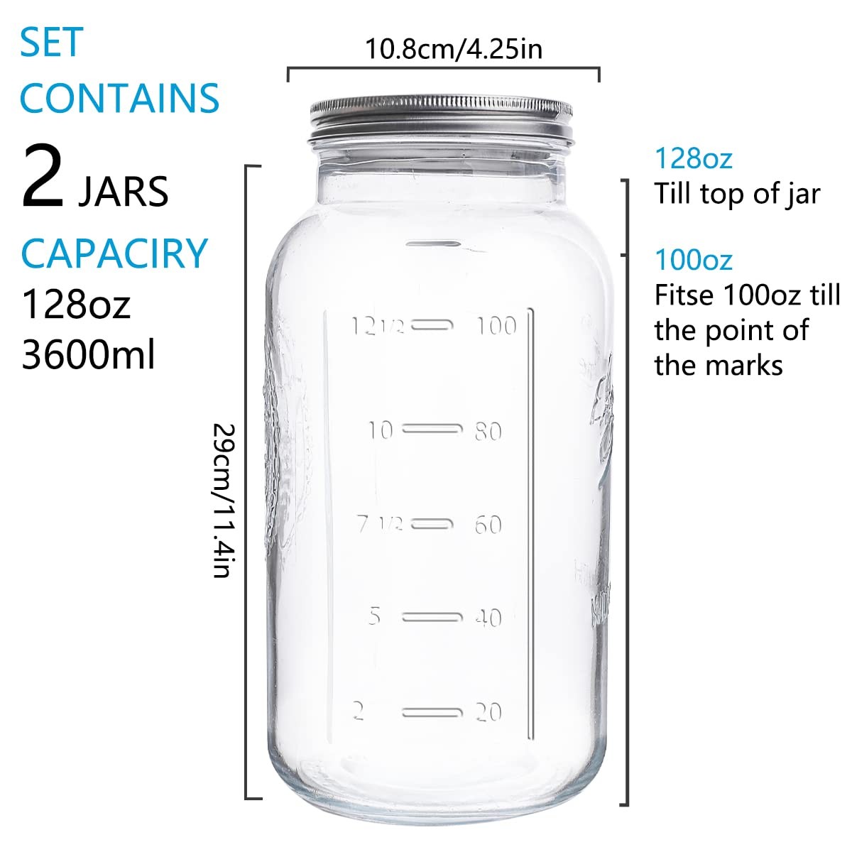 128oz Mason Jars 2 Pack - 1 Gallon Wide Mouth Glass Jars with Airtight Lids