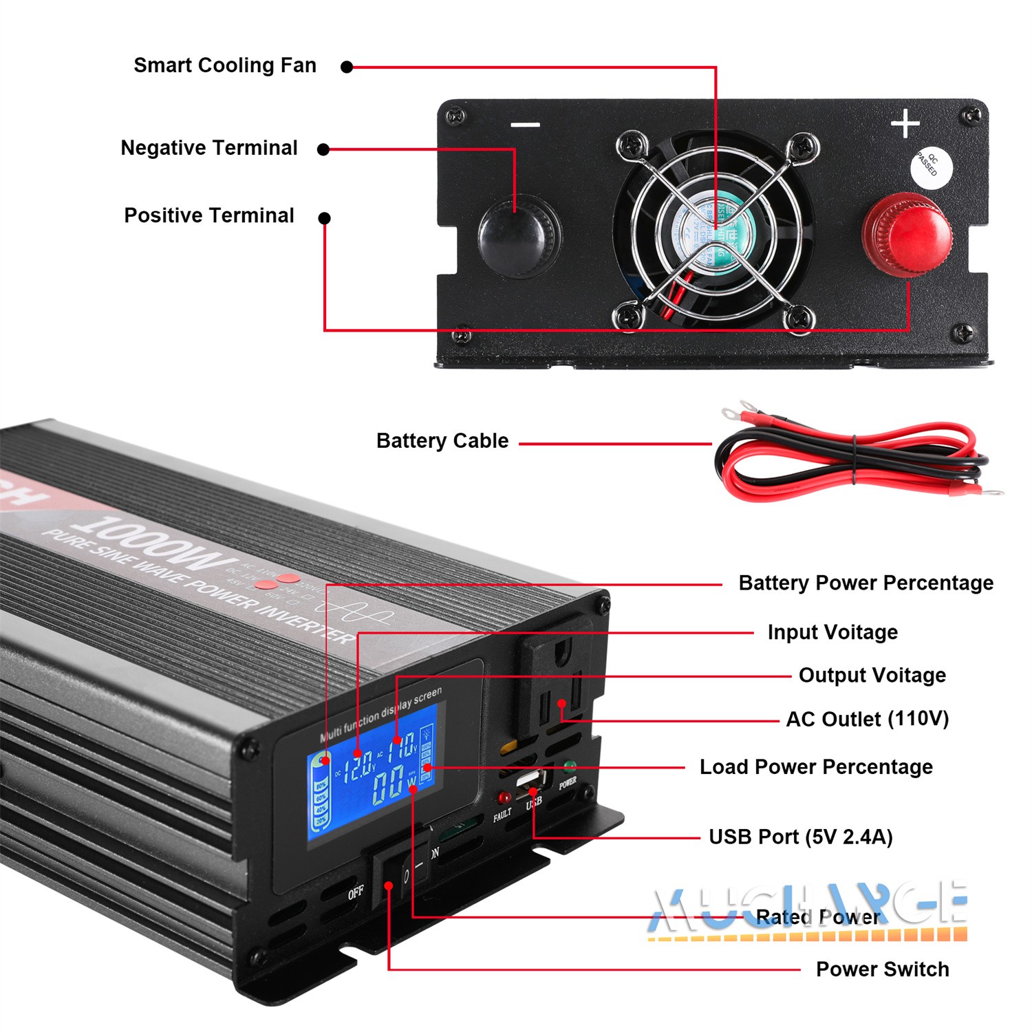 2000W 3000W 4000W Pure Sine Wave Power Inverters, DC 12V 24V to AC 110V 120V LCD