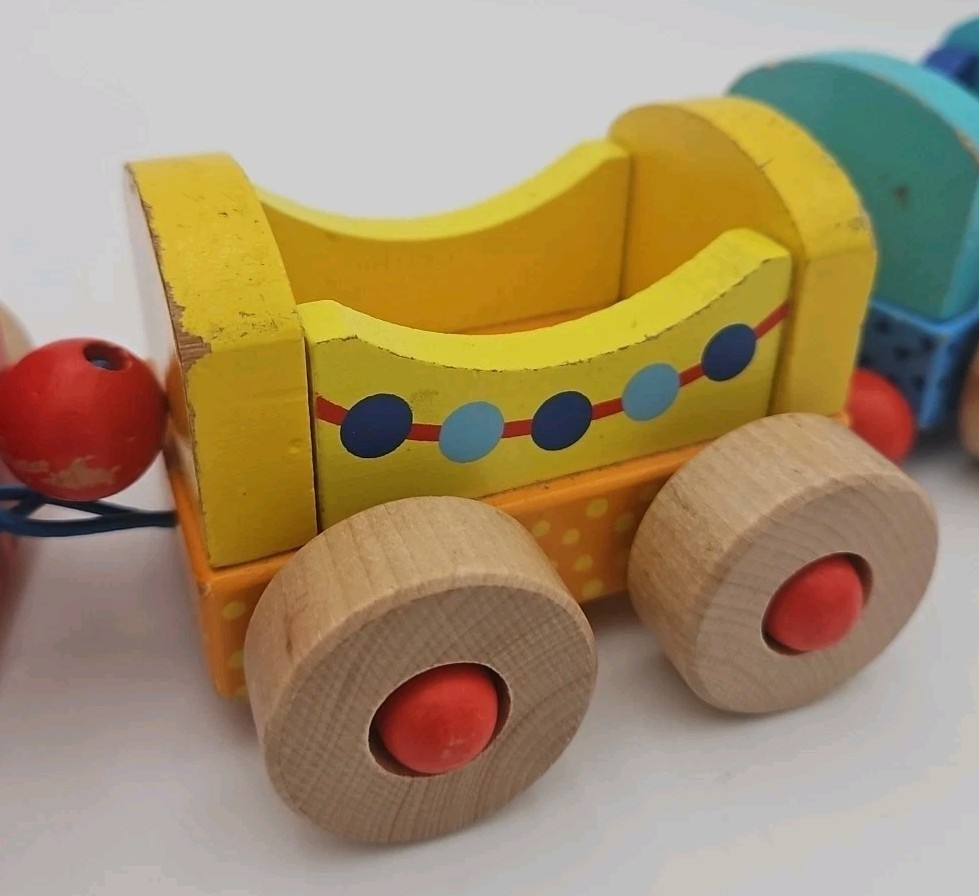Goki Wooden Train Vintage With Pull String 3 Train Sections Red Yellow Blue 13"