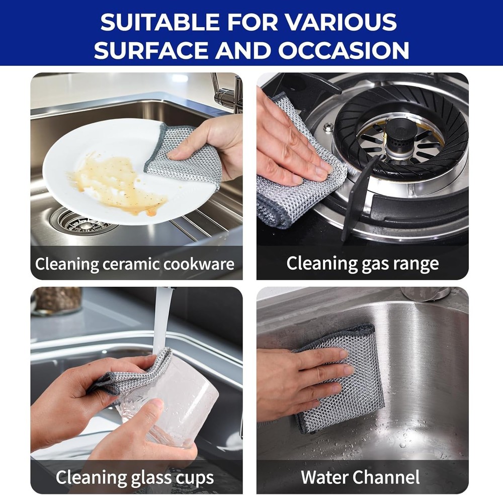 12 PCS 3-Layer Non-Scratch Multipurpose Steel Wire Dishcloths - Reusable Quick-D