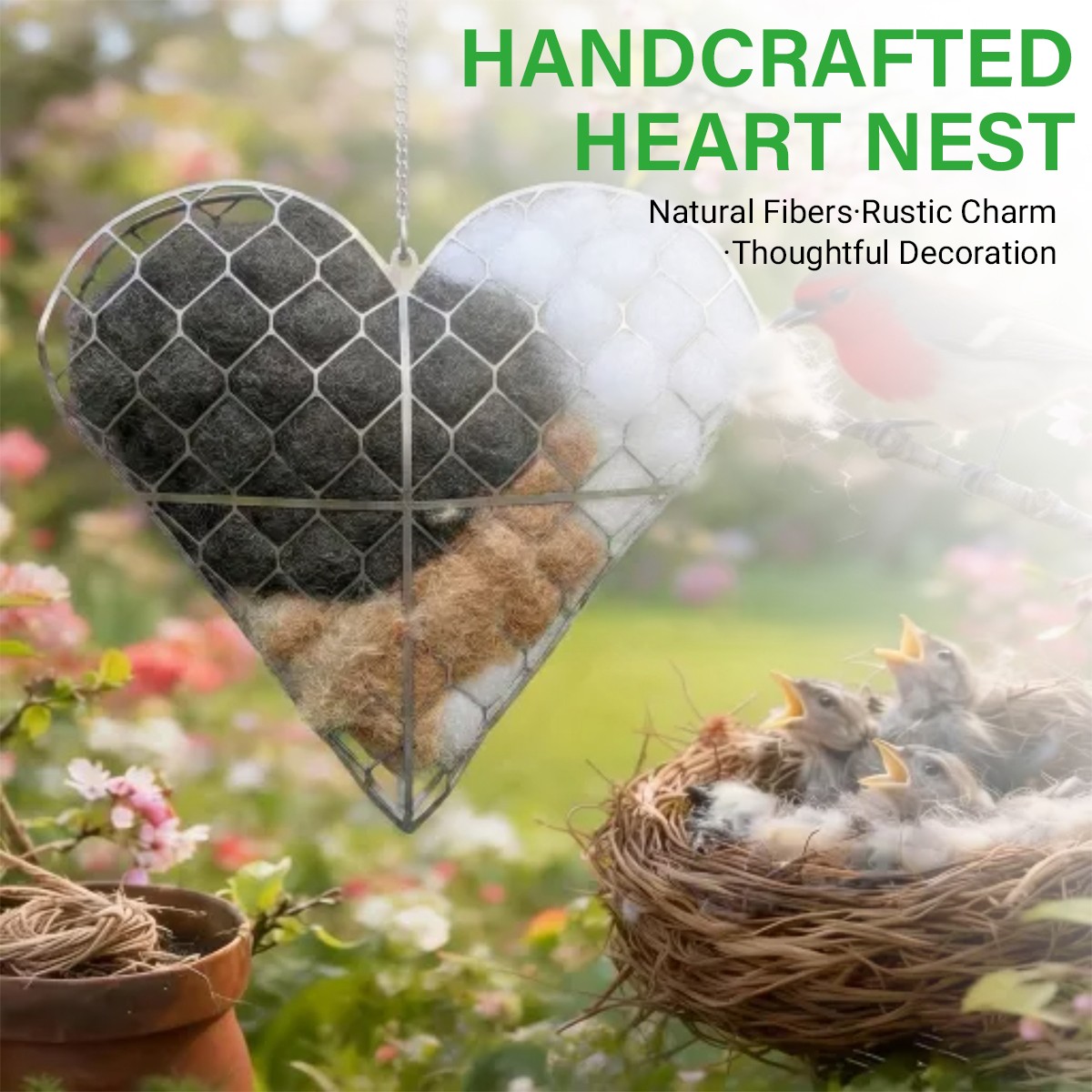 Handmade Alpaca Fiber Bird Nesting Heart, Hanging Bird Shelter Hummingbird Nest