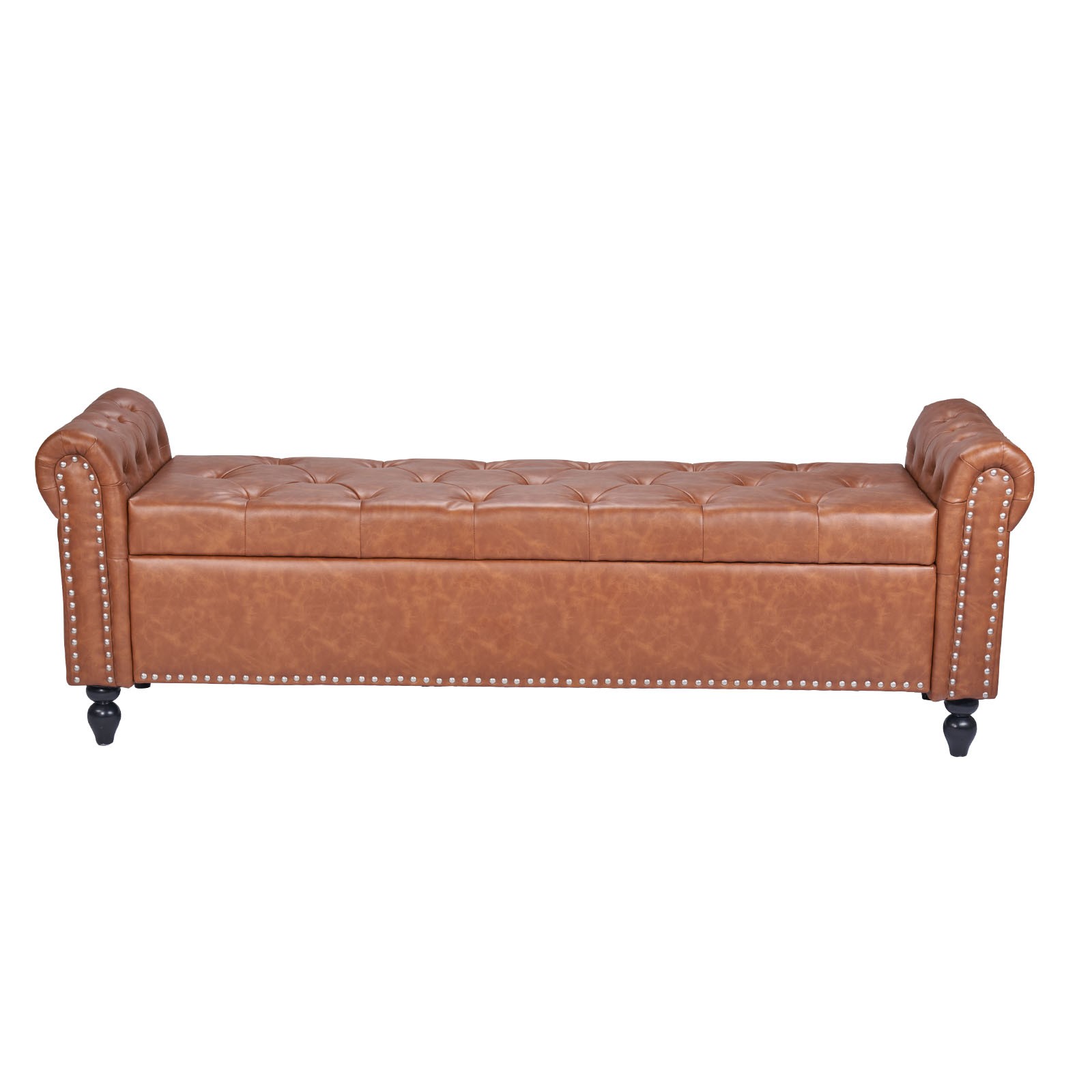 Uimoso Button-Tufted Storage Ottoman Bench Rolled Arm PU Leather Wood Legs Brown