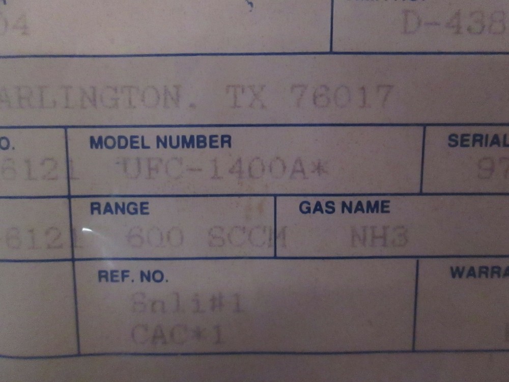 Unit UFC-1400A Mass Flow Controller MFC, NH3, 600 SCCM, Refurb
