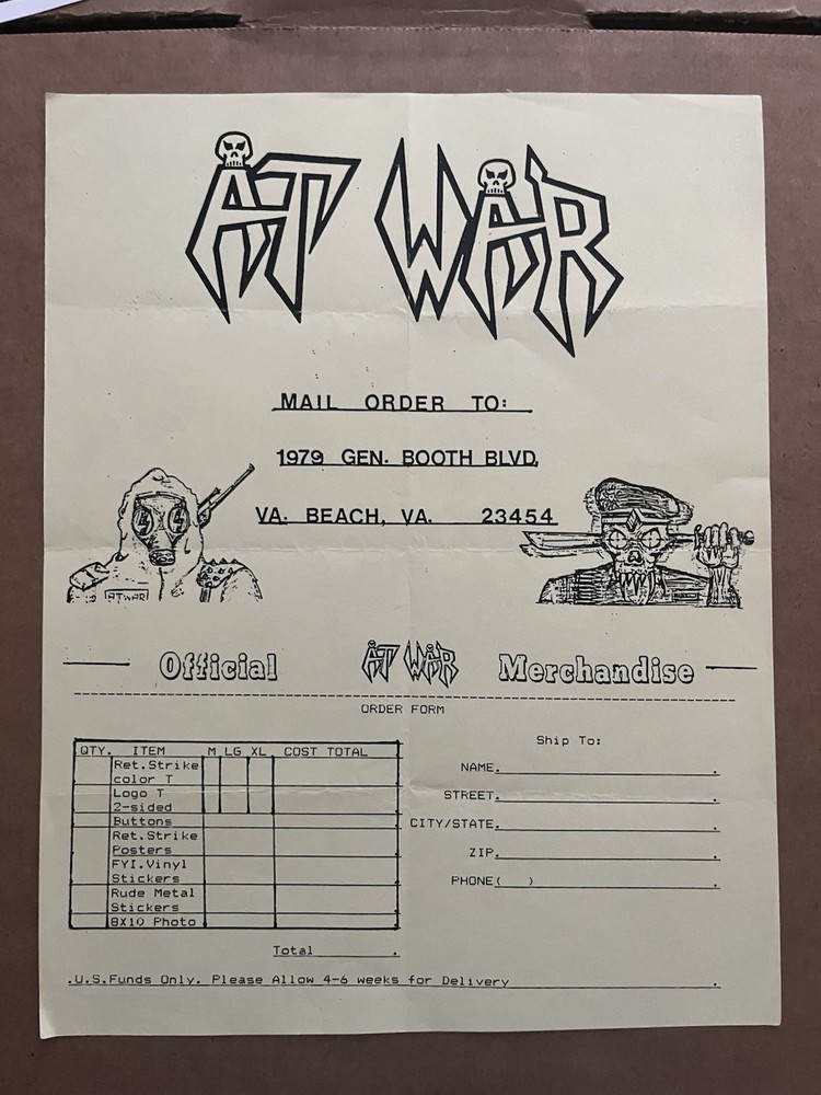 rare AT WAR 1988 merch flyer Retaliatory Strike Ordered To Kill thrash metal