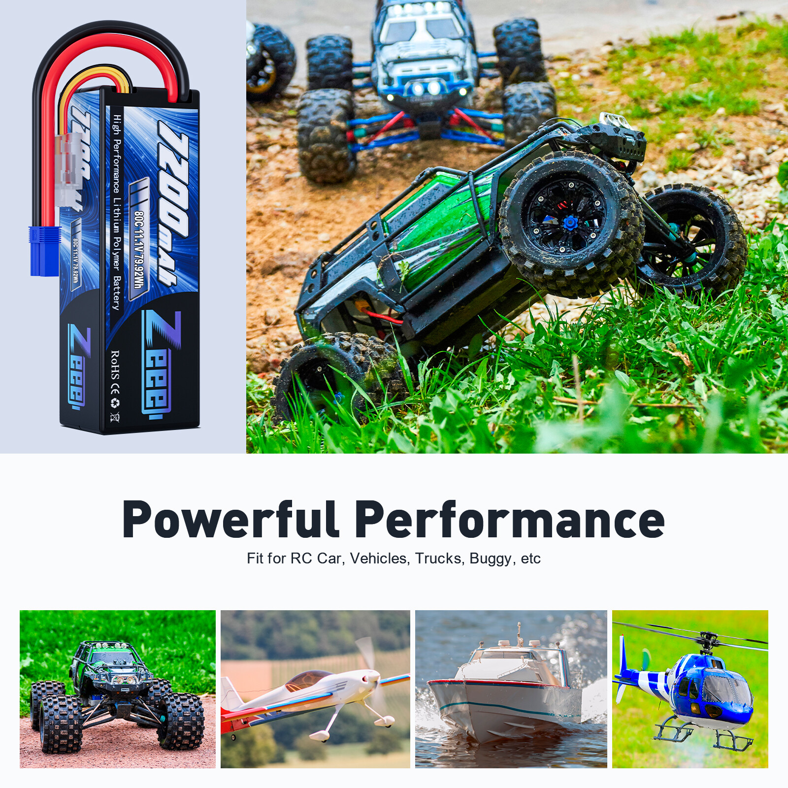 2x Zeee 3S LiPo Battery 7200mAh 11.1V 80C EC5 for LOSI RC Car Truck Boat Buggy