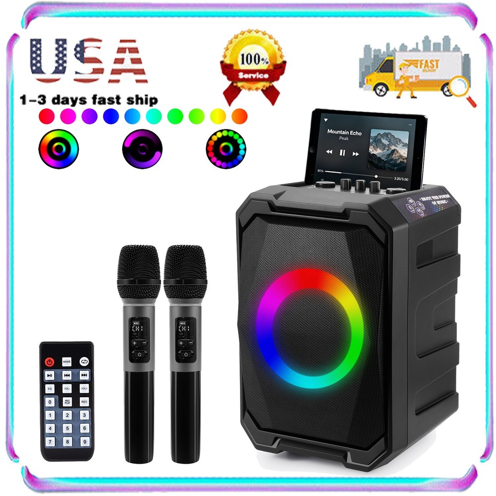 Portable Wireless Party Speaker W/ LED Light &2 Wireless Mics Remote Control