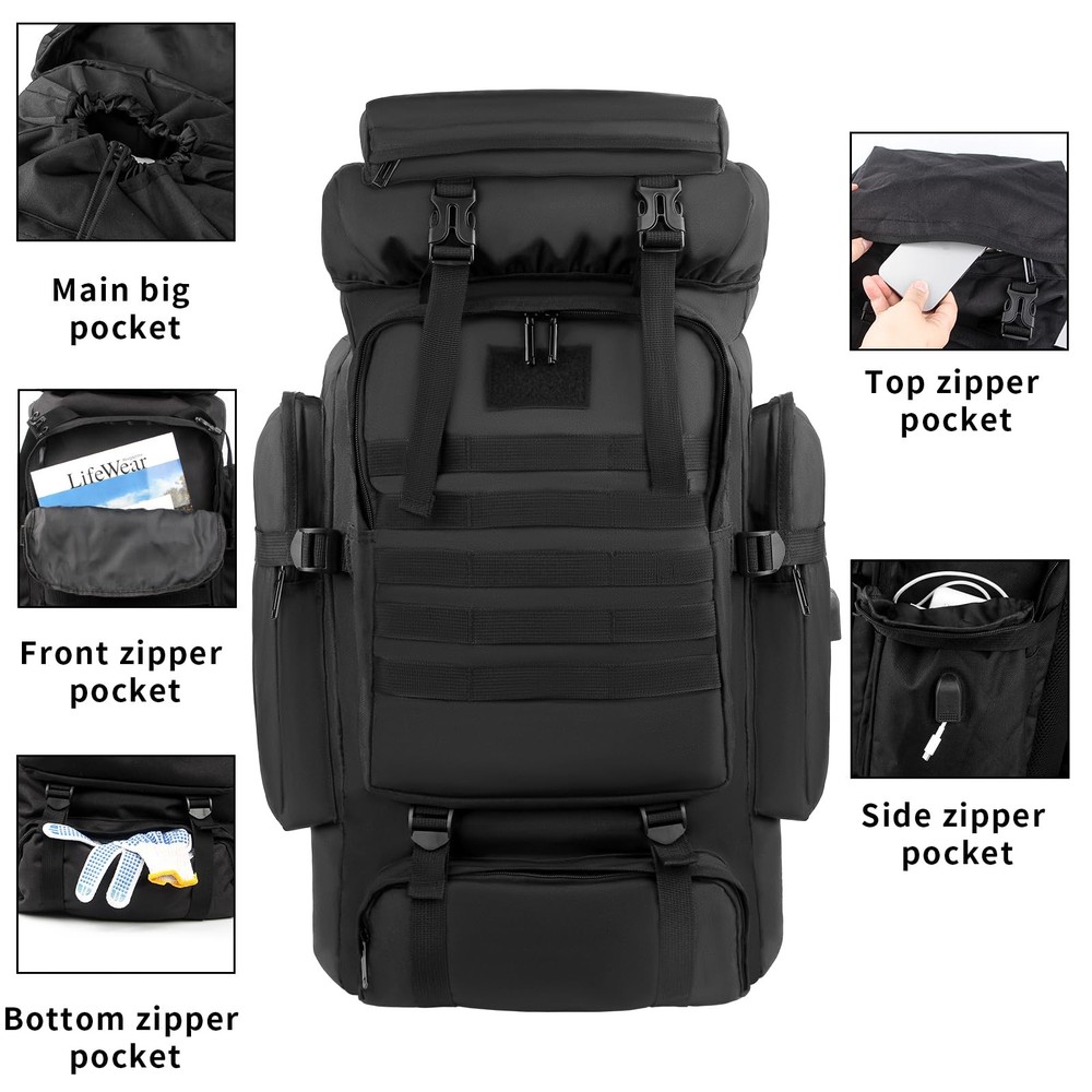 80L Hiking Backpack Large Capacity Tactical Durable Frame Molle Rucksack with...