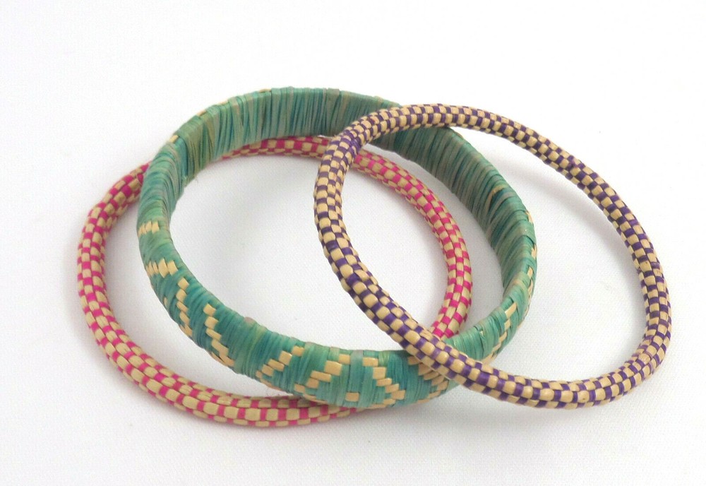 3 VTG Handmade Straw Weave Bangle Bracelets Multi Colored Native Design