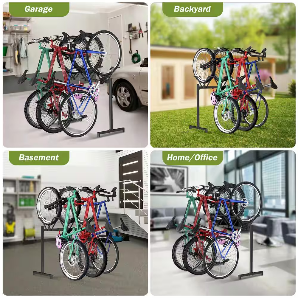 3 Bikes Floor Stand, Adjustable Bicycle Parking Rack with Hook for Garage, Indoo