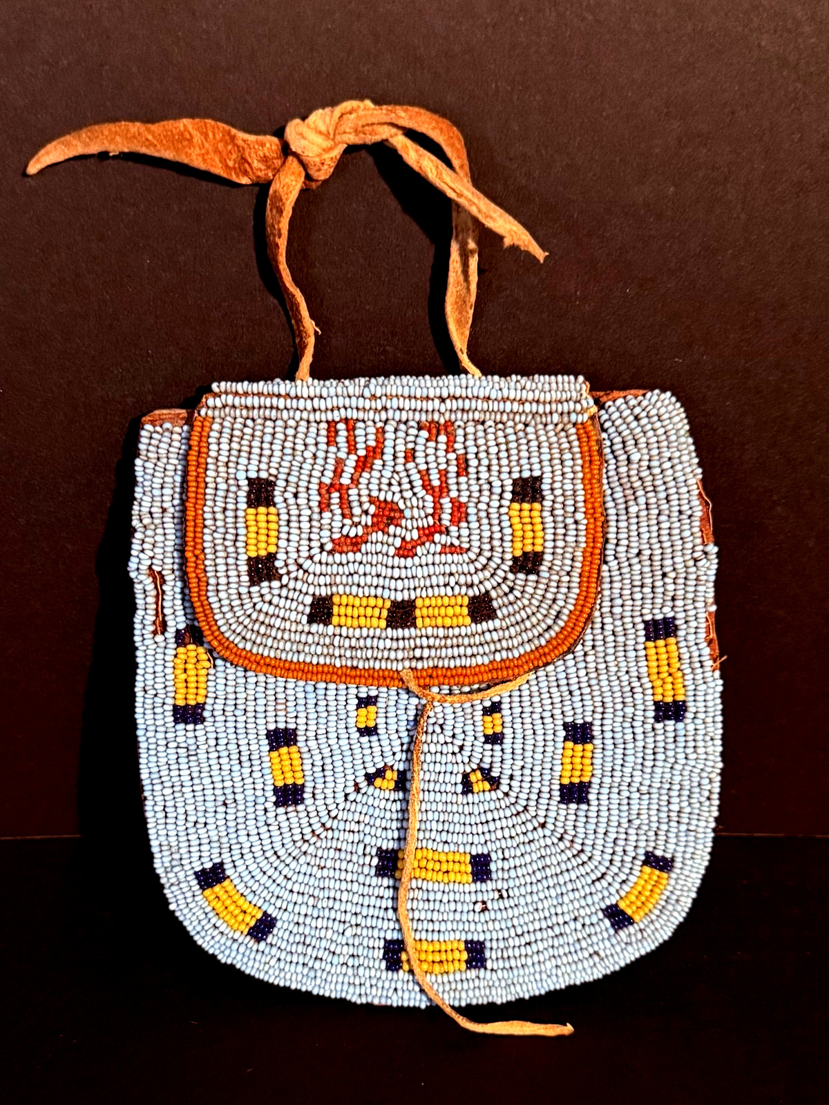 HISTORIC PLAINS BEADED HIDE POUCH,TURQUOISE BLUE GLASS BEAD BACKGROUND,EXCELLENT