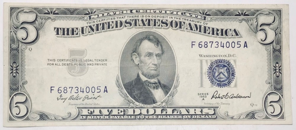 1953 A $5 Five Dollar Silver Certificate Blue Seal Note Bill Certificate Nice