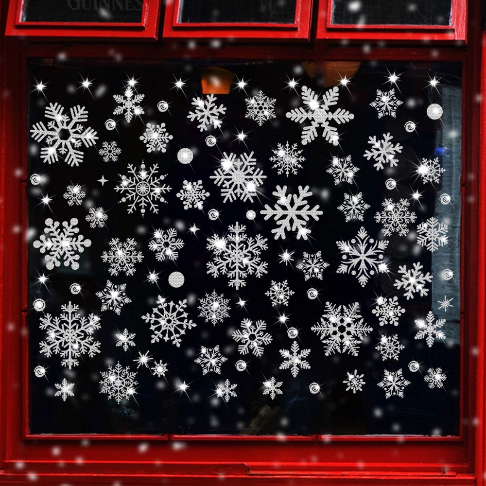 Glitter Snowflake Window Clings, 147PCS Silver Sparkling Christmas Window Cli...