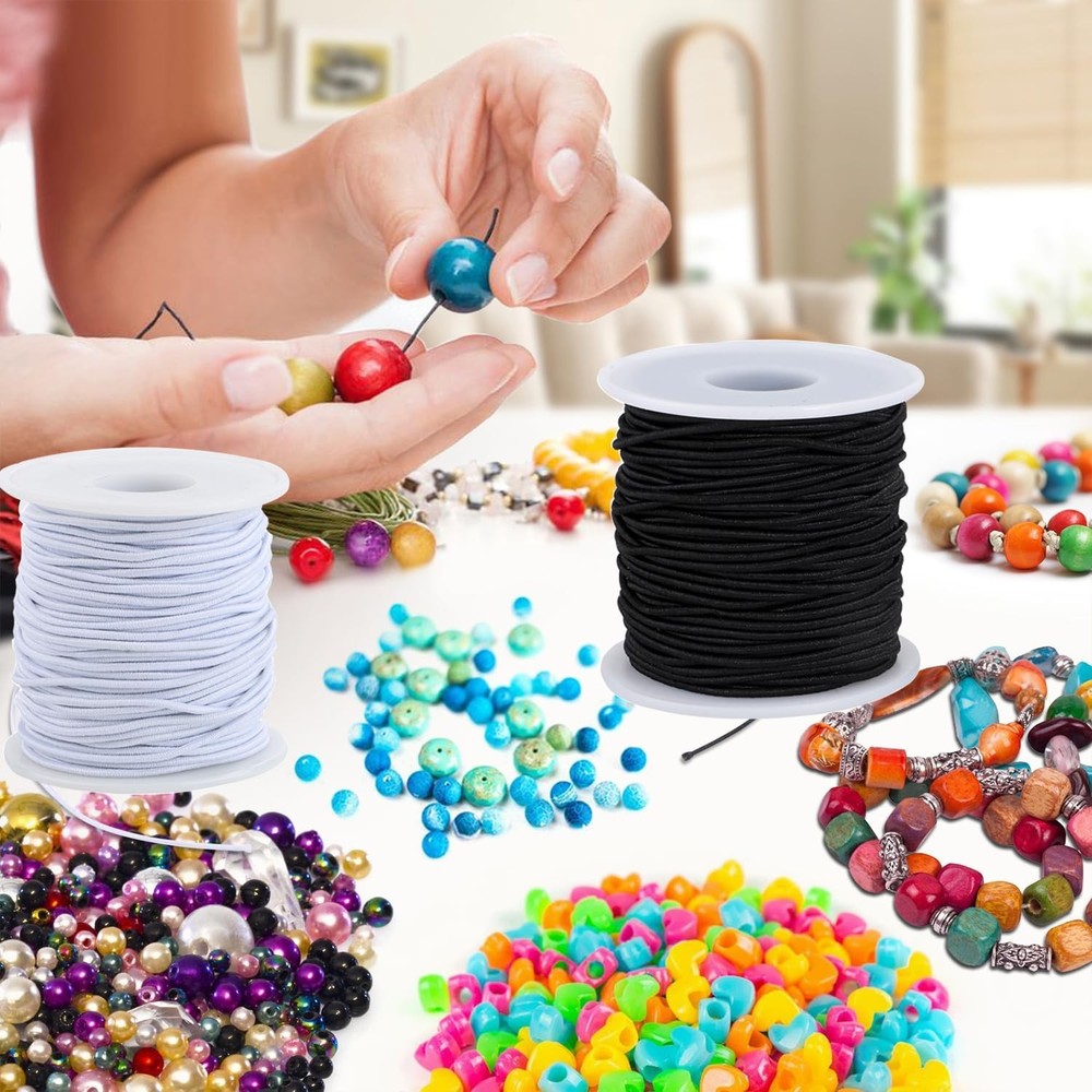 Stretchy String for Bracelets, 2 Rolls White Black (1.5mm), Black&white