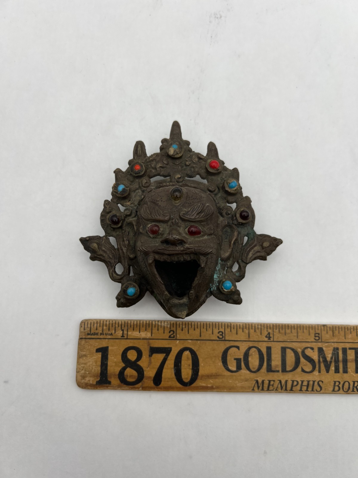 Vintage Tibetan Buddhist Bronze Mahakala Mask w Turquoise Coral Inlay