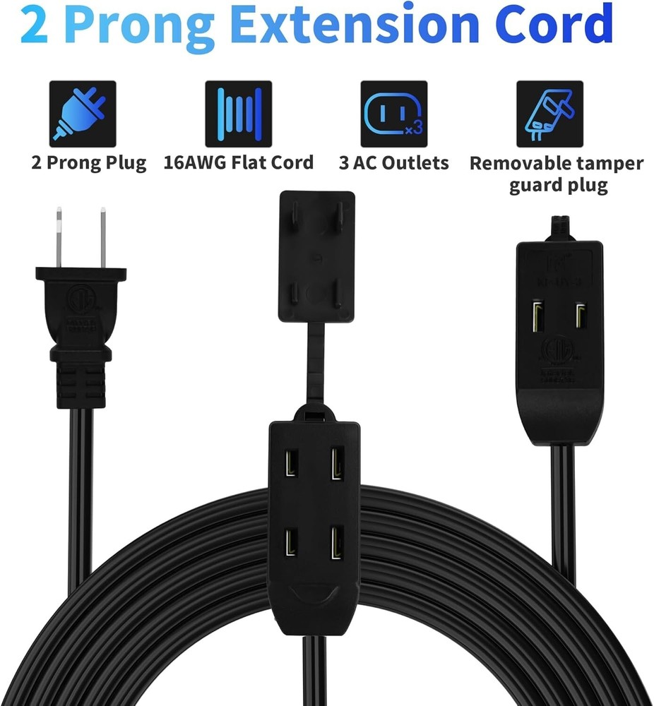 2 Prong Extension Cable 10 FT Extra Long Power Cord with 3 Outlets Flat Multi