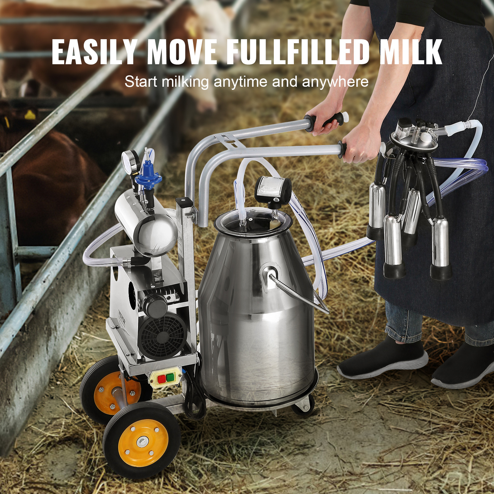 VEVOR Electric Cow Milking Machine Milking Equipment 25L 304 Stainless Steel