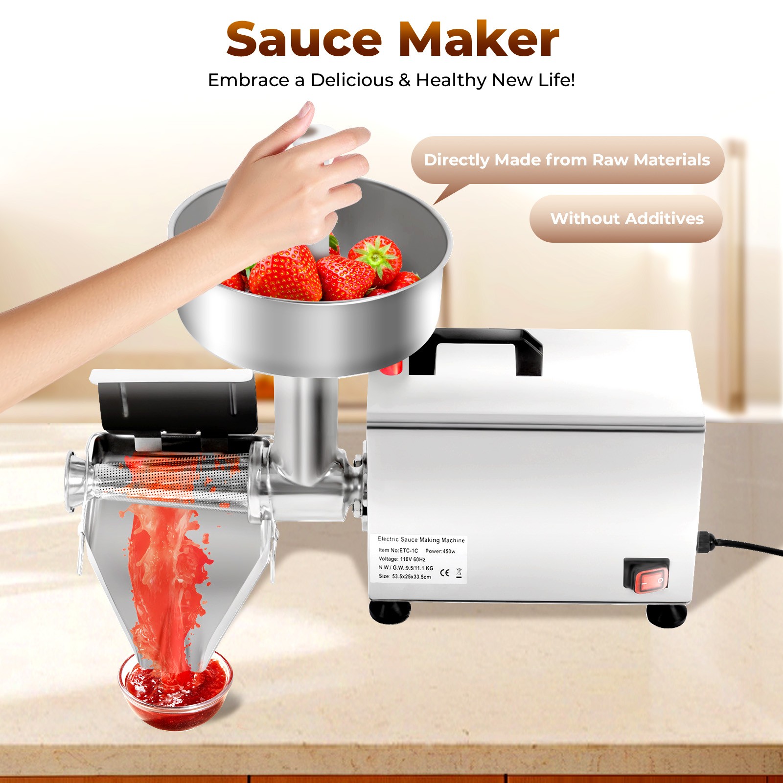 110V Electric Tomato Strainer, 450W Stainless Steel Tomato Press and Strainer