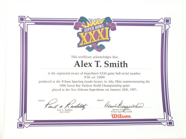 Green Bay Packers Serial Numbered Superbowl XXXI "Player" Game Ball 1 of a Kind