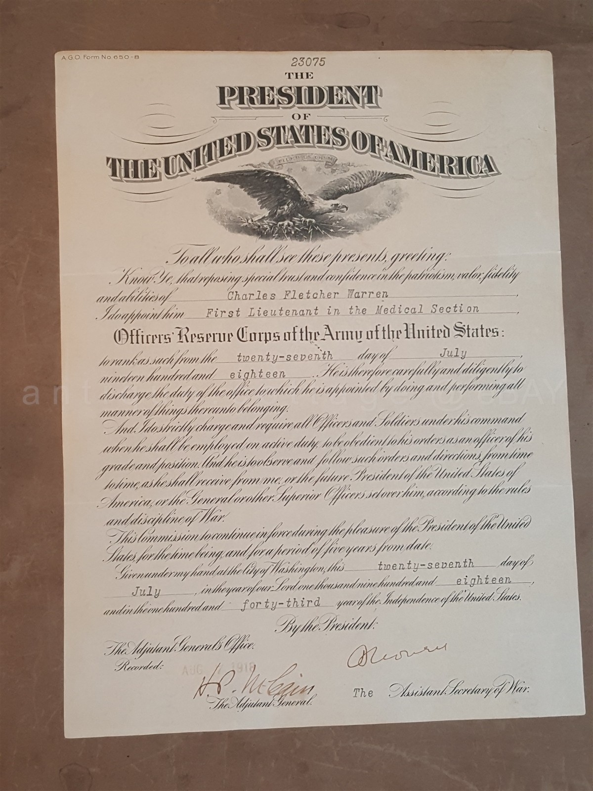 1918 antique WWI ARMY RESERVE DISCHARGE