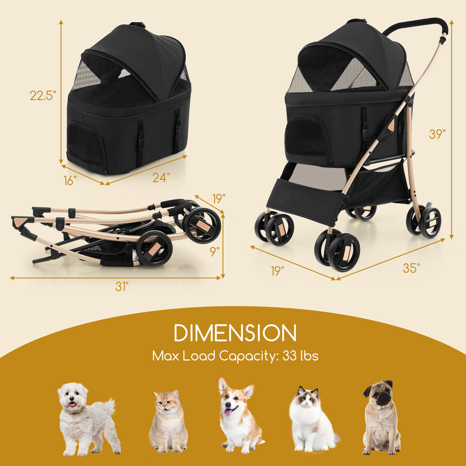 3-in-1 Foldable Pet Stroller with Storage Basket, Removable Car Seat Carrier