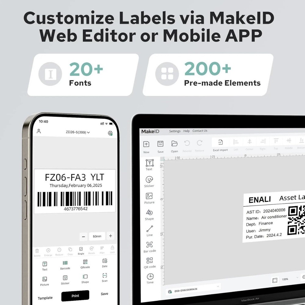 Makeid D50 Industrial Label Printer, Desktop Label Maker 2" Print Head, Mobil