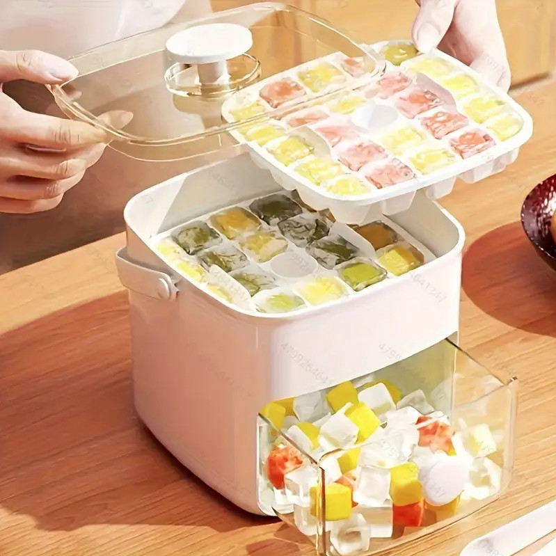 Large 48 Grid Ice Cube Maker - Easy Press Lid - Plastic Storage Tray