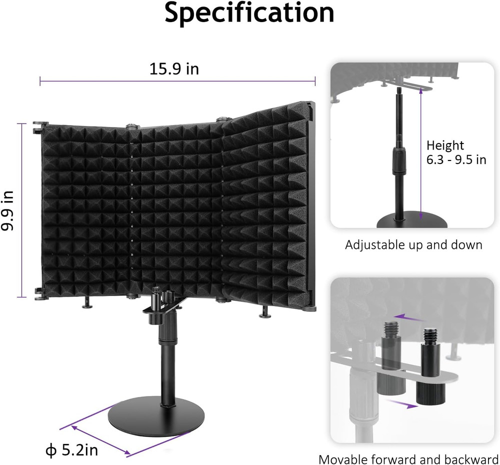 Microphone Isolation Shield, 3 Panels Sound Proof Mic Shield with Mic Stand and