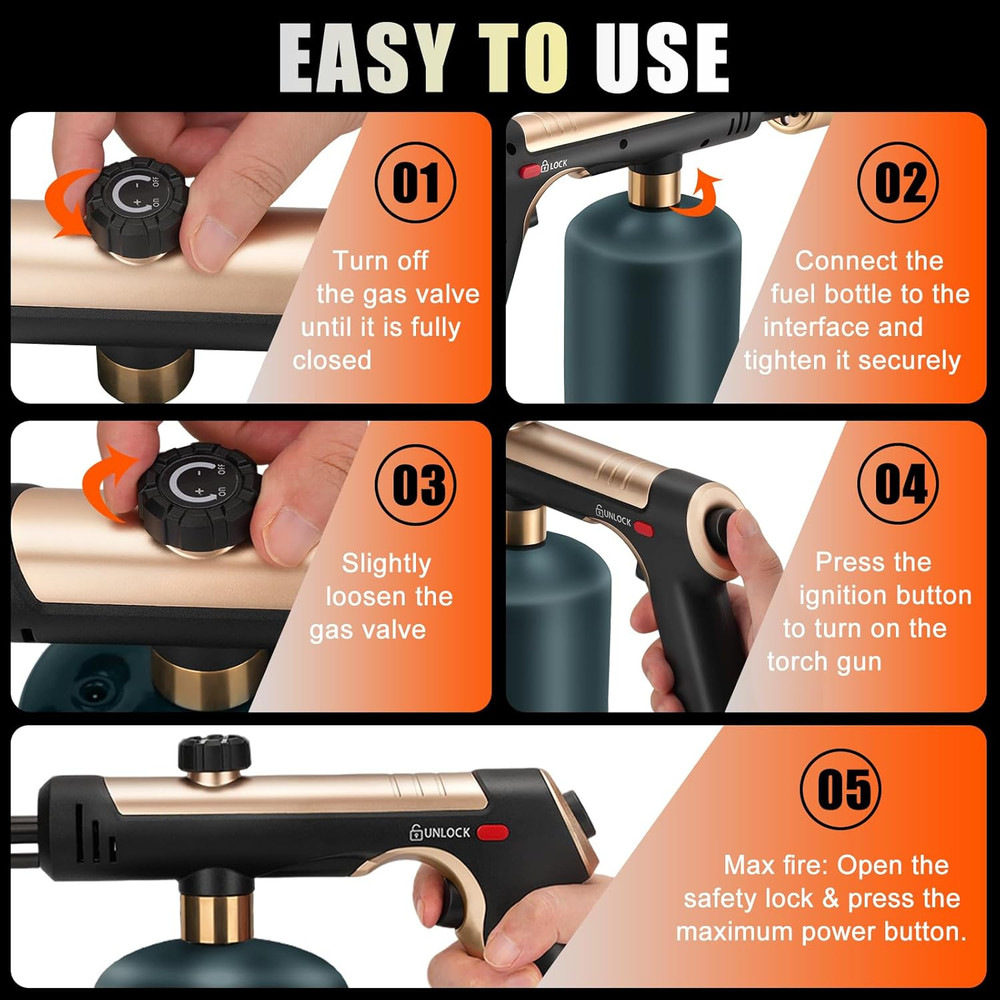 Propane Torch Gun with One-Touch Max Fire, Adjustable Kitchen Torch, Powerful Pr