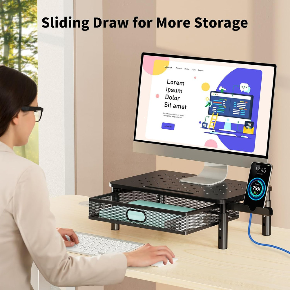 Monitor Stand Riser with Metal Mesh Drawer, Height Adjustable with Phone Hold...