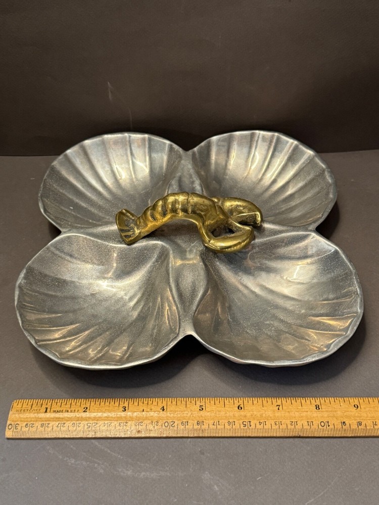 SILVER TONE  SCALLOPED SHELL BRASS LOBSTER HANDLE DIVIDED CANDY NUT DISH TRAY