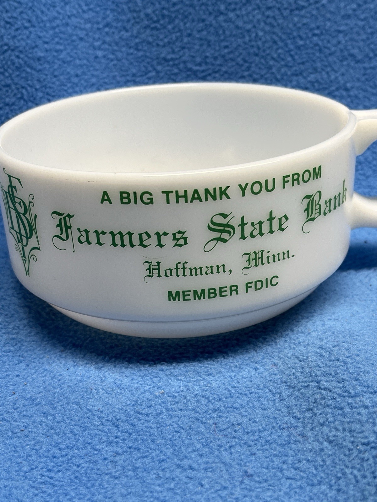 Vintage Milk Glass Mug Cup Farmers State Bank Hoffman MN