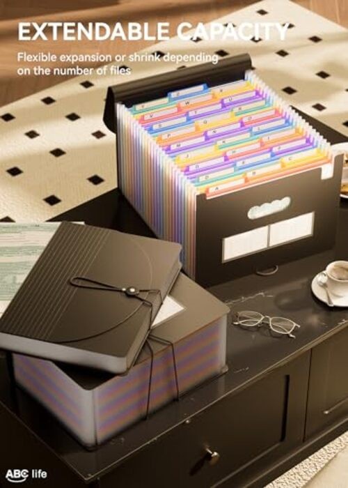 26-Pocket Expanding File Folder, Large Capacity Document Organizer 3 Tab Black