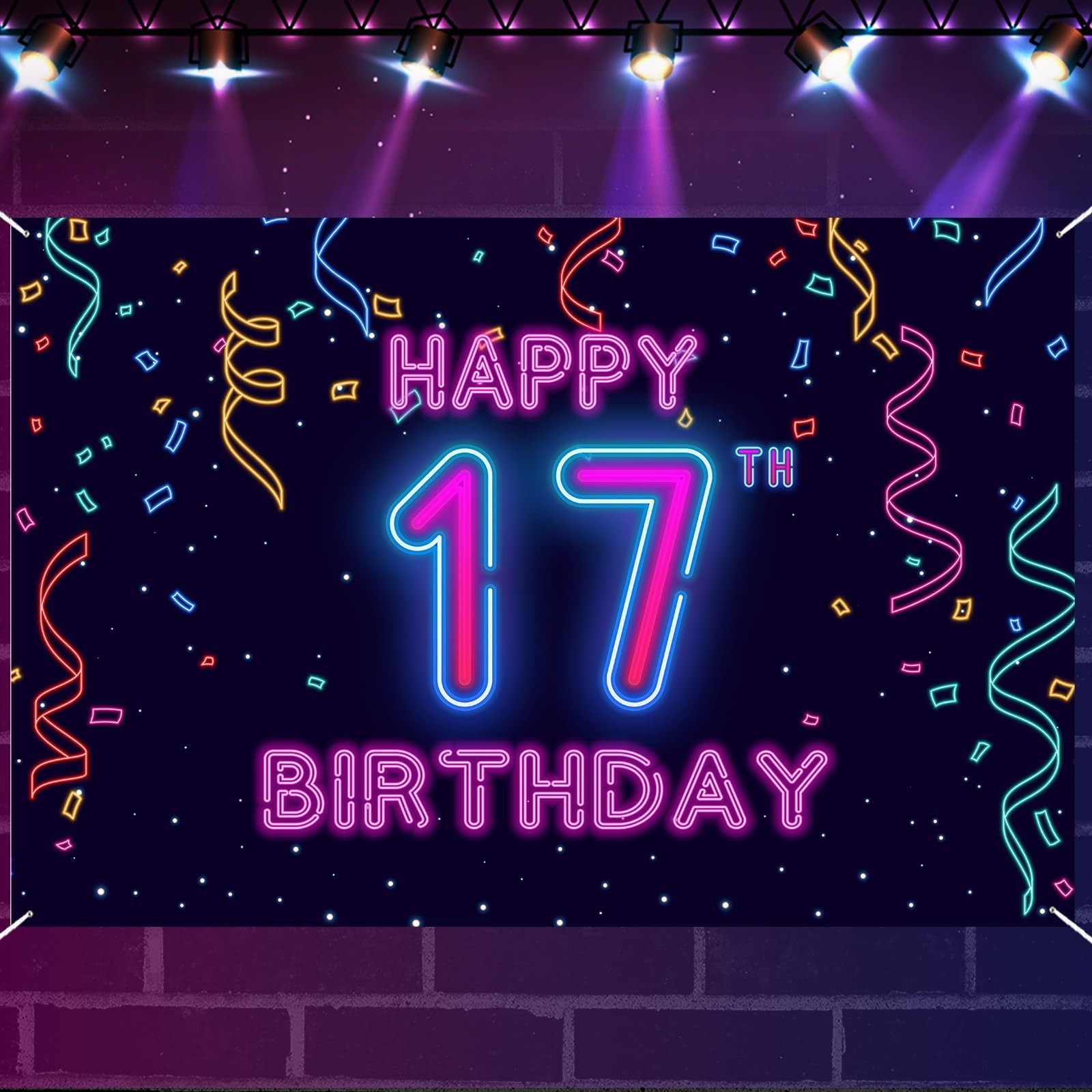 17th Neon Birthday Banner Backdrop, 17 Years Birthday Party Banner Let Glow P...
