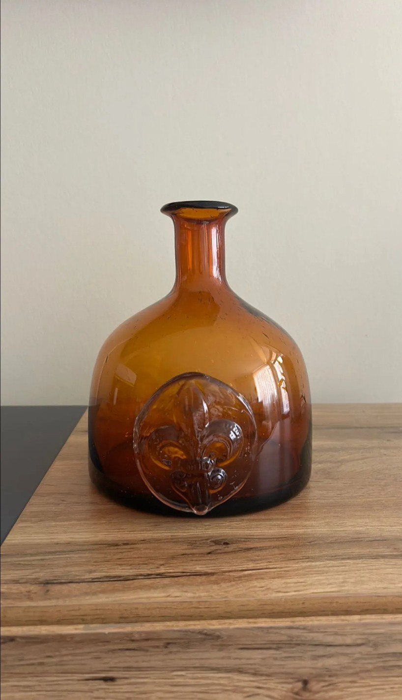 MCM Glass Amber Decanter with Fleur De Lis Applied Design