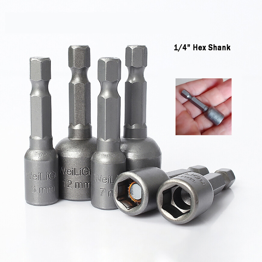 45mm/48mm Length Hex Nut Driver 7mm - 12mm Socket Impact Drill Bits 1/4" Shank