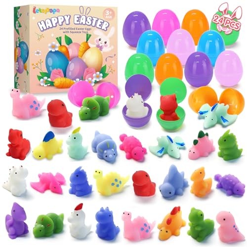 24 Pack Easter Filled Eggs with Squishy Toys Inside, Dinosaur Squishies for