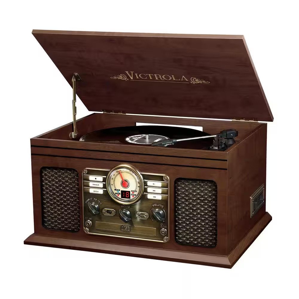 6-In-1 Nostalgic Bluetooth Record Player with 3-Speed Turntable in Espresso