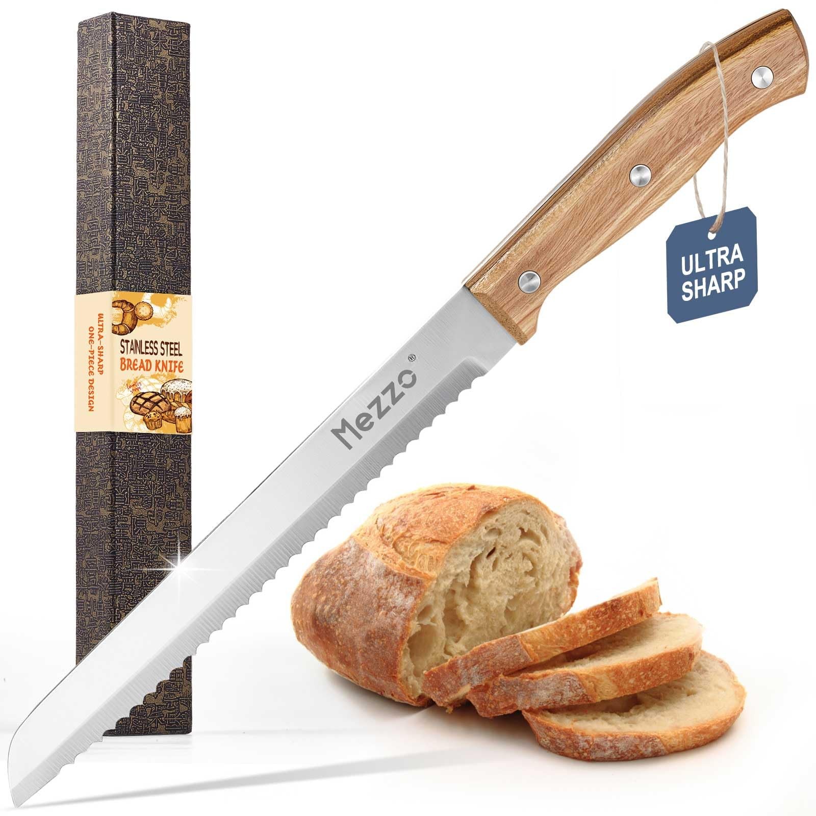 Mezzo Serrated Bread Knife for Homemade Bread High Carbon Steel Sourdough Kni...