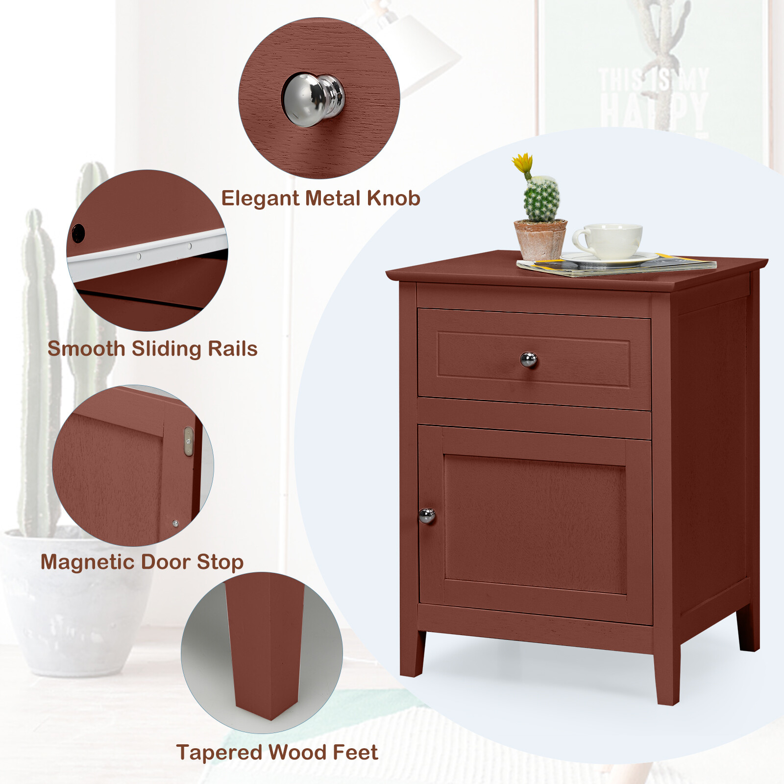 Costway Nightstand with Drawer Accent Side End Table Storage Cabinet Cherry