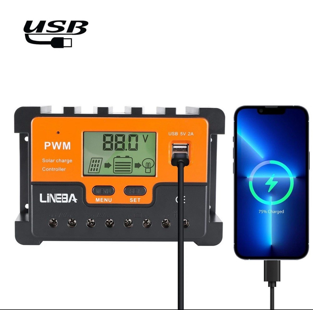 12V/24V/48V 30A Solar Charge Controller Lithium Battery Regulator 2 USB