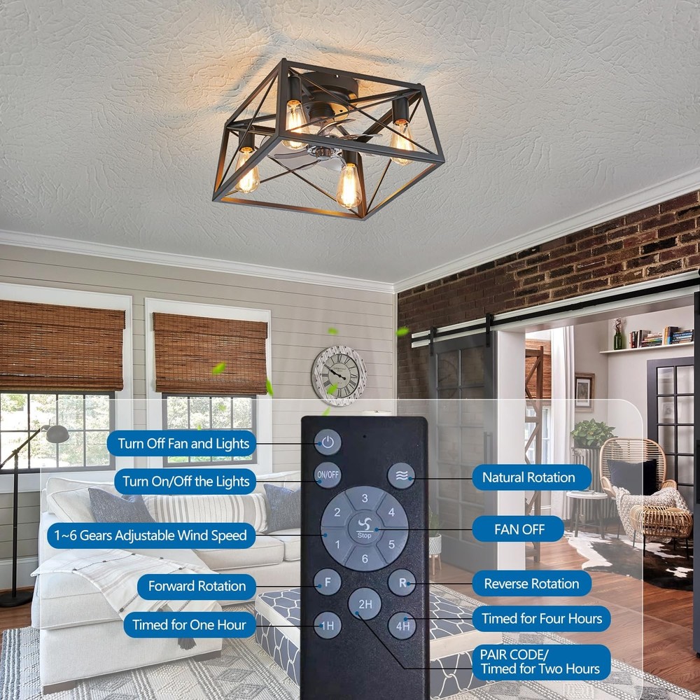 Rustic Black Caged Ceiling Fan with Light, 4-Light Ceiling Fan with Lights an...