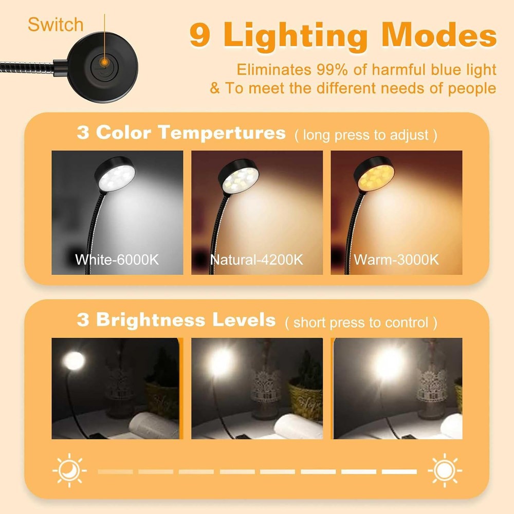 Rechargeable Book Reading Light - Adjustable Brightness, 3 Color...
