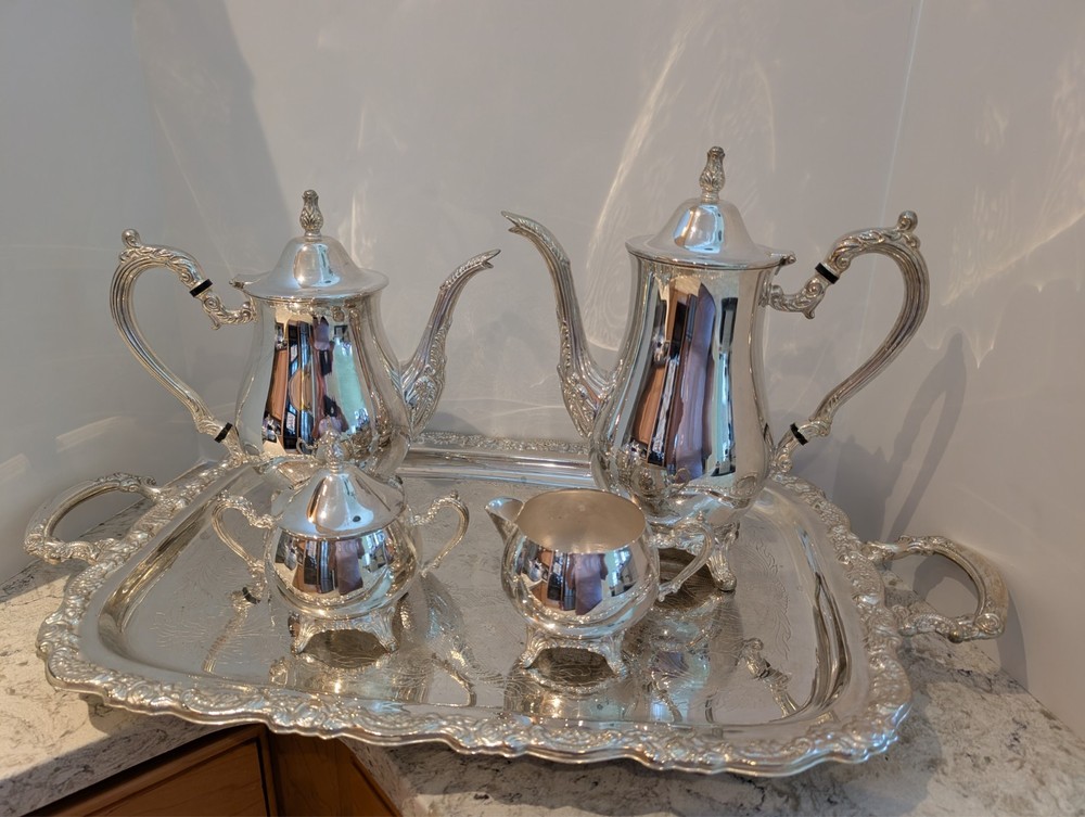 ELEGANCE IN SILVER 4-pc TEA and COFFEE SERVING SET plus SERVING TRAY!