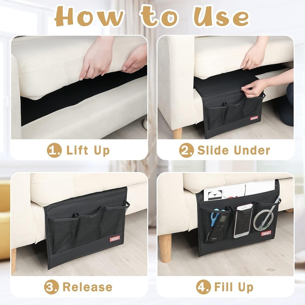 Functional Bedside Caddy in Black Linen - Perfect for Remote & Gadgets