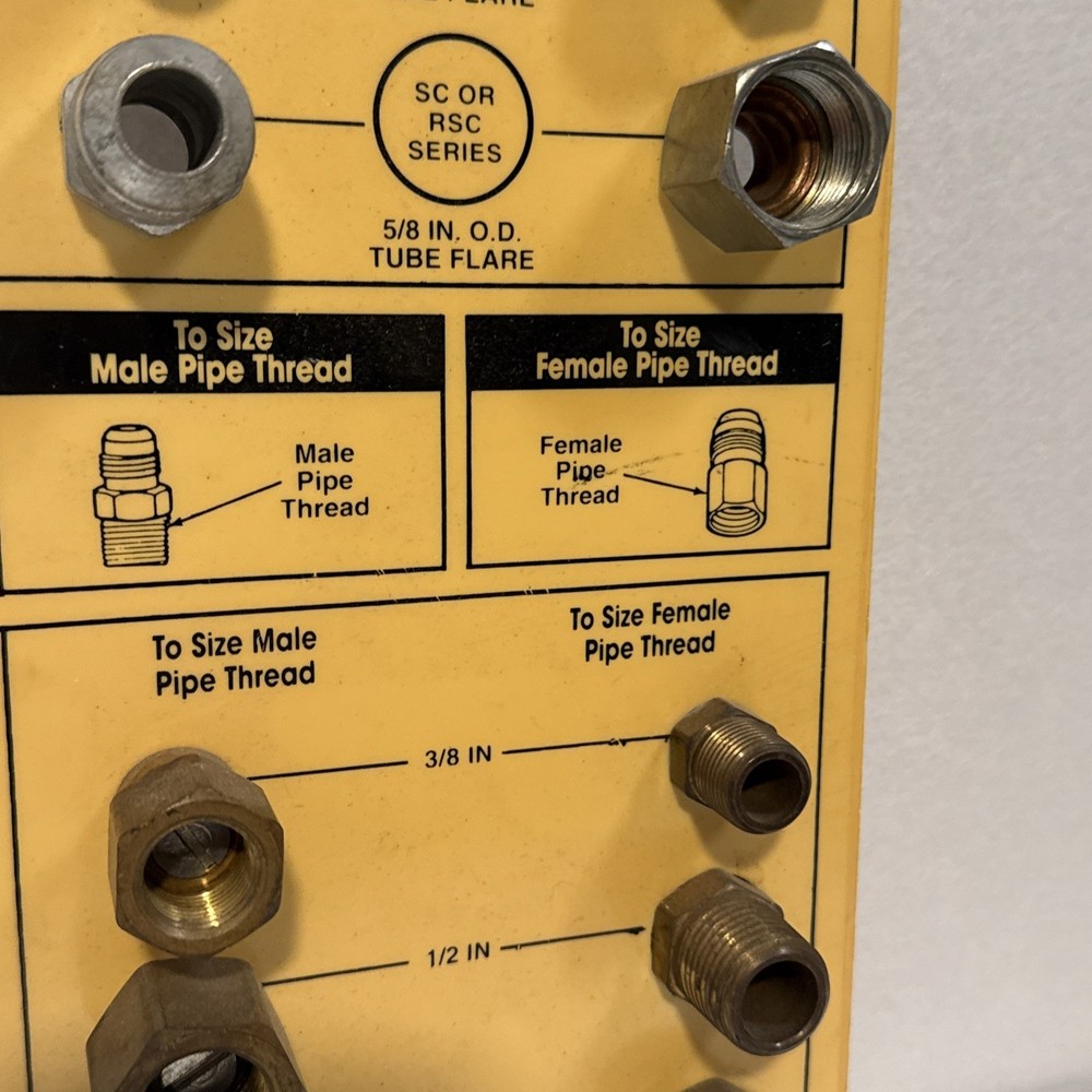 Brass Craft Gas Connector Sizing Guide Tool Board display Size Thread samples