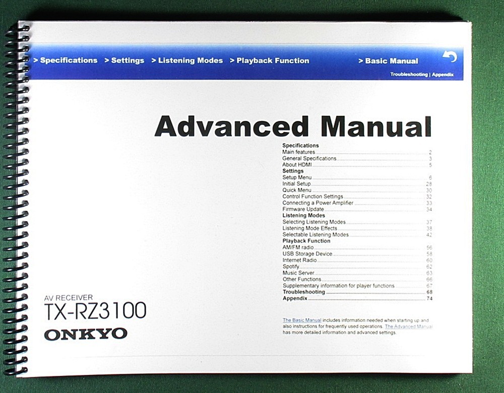 Onkyo TX-RZ3100 Basic & Advanced Instruction Manual: Full Color & Clear Covers!