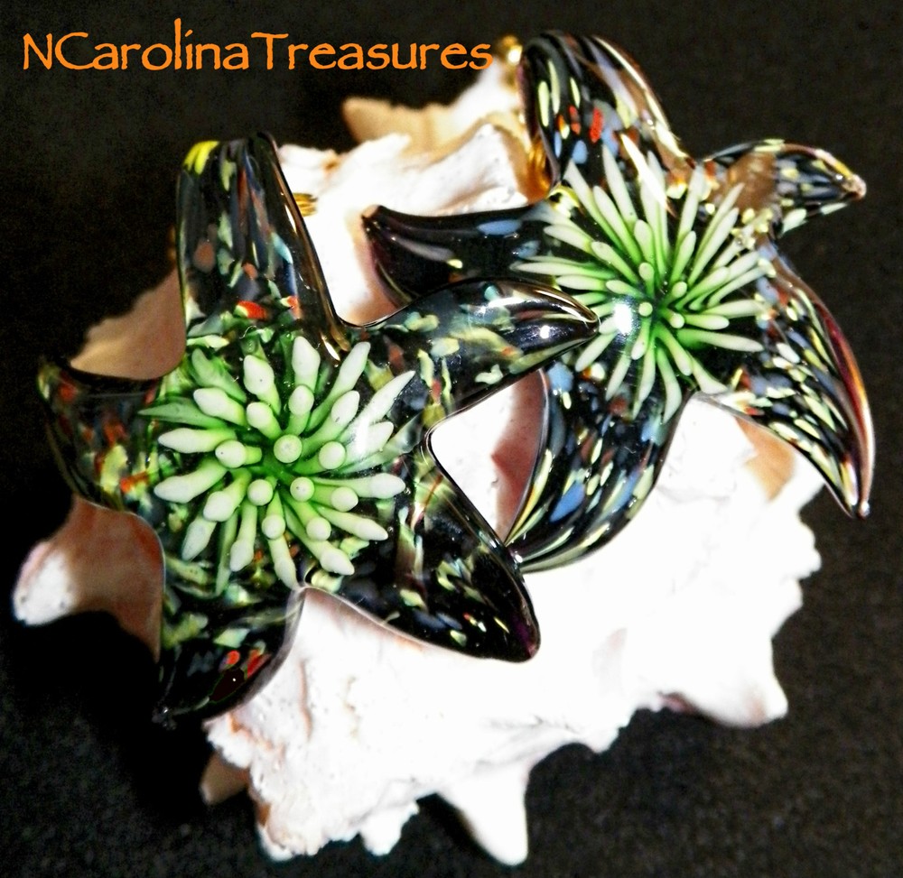 STAR STARFISH GREEN BLACK BURST GLASS CEILING FAN SWITCH PULL PULLS LARGE PAIR