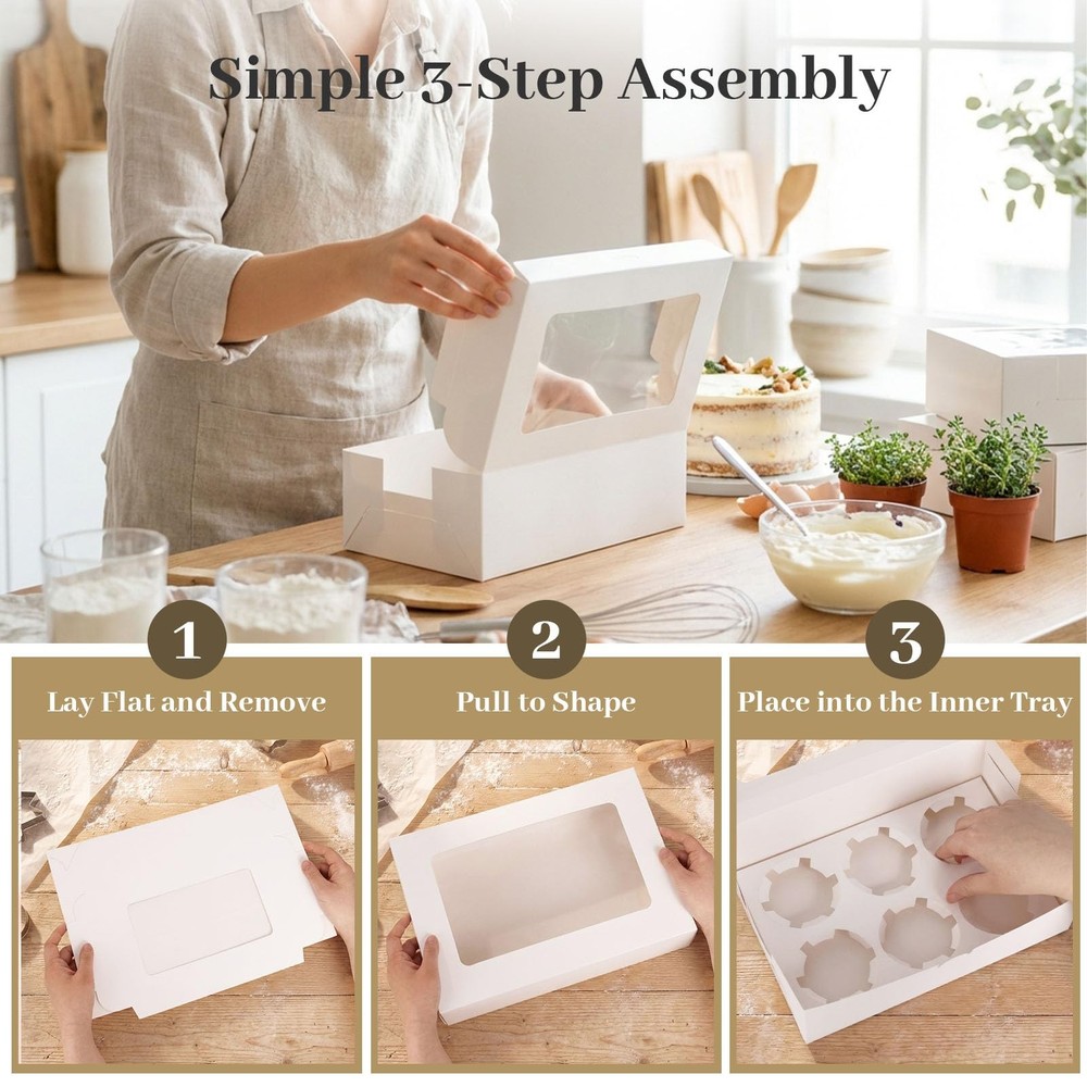 6PCS White Cupcake Boxes, 6 Count Cupcake Containers with Window Holding 36 P...