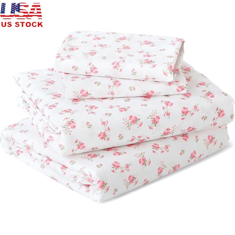 Lightweight Microfiber Sheet Set Deep Pocket Floral Pattern Breathable Easy Care