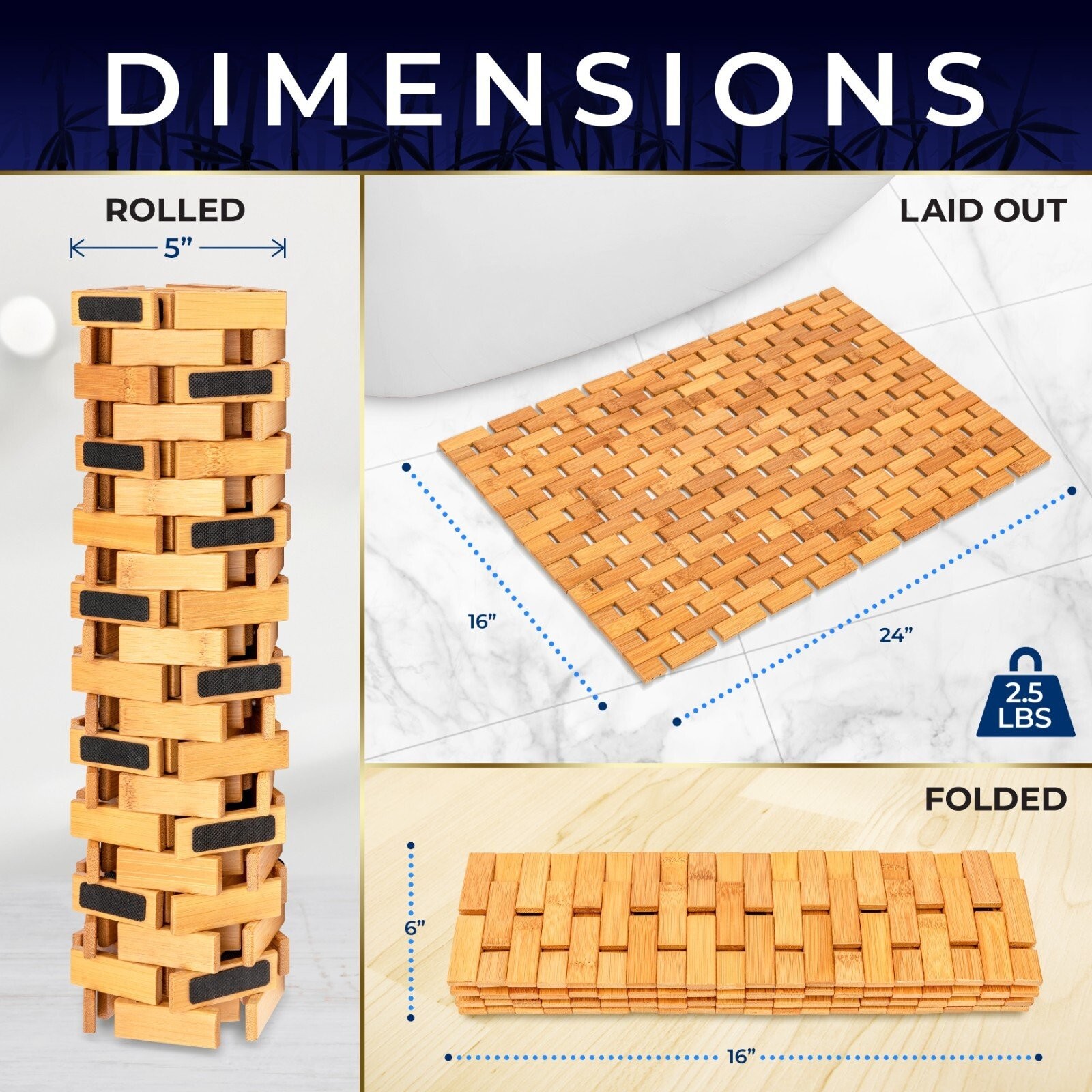 SereneLife Bamboo Floor Bath & Shower Mat with Extra Non-Slip Grips (Natural)